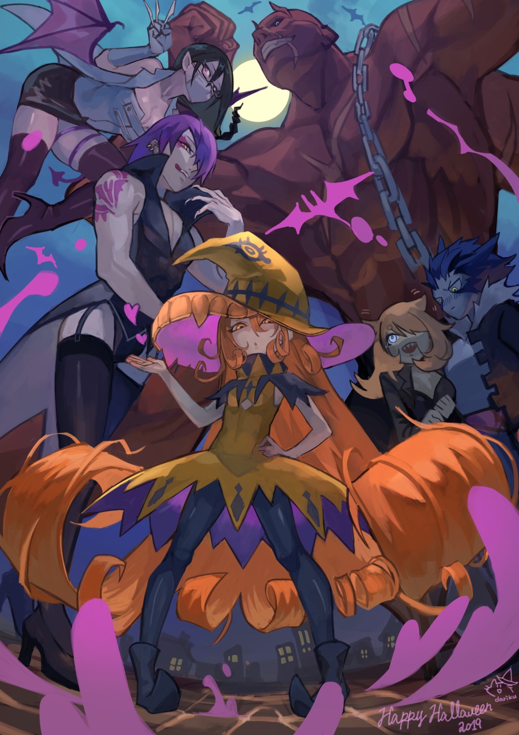 cleavage dress garter halloween heels pantyhose pointy_ears stockings tail tattoo thighhighs uedrk_yamato wings witch