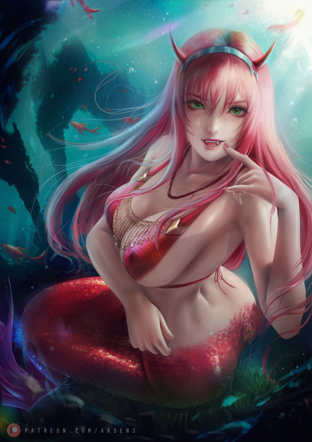 ass axsens bikini_top darling_in_the_franxx erect_nipples horns mermaid monster_girl swimsuits tail zero_two_(darling_in_the_franxx)