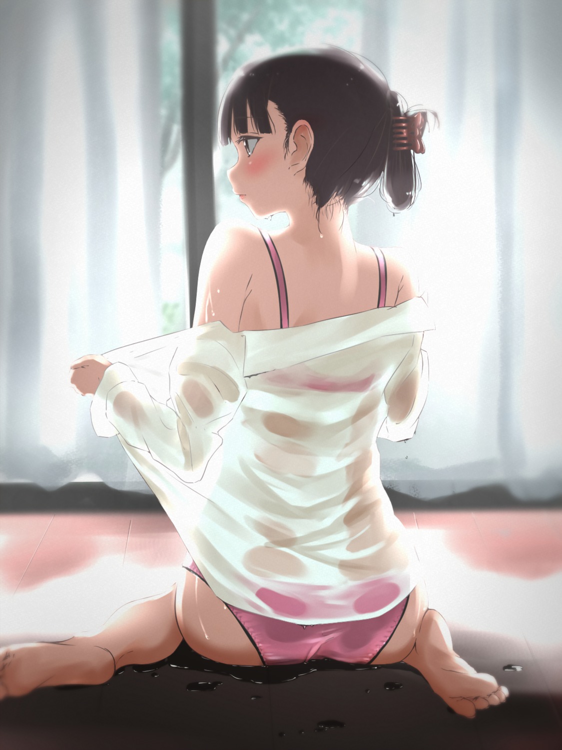 ass bra dress_shirt feet open_shirt pantsu see_through tama_(seiga46239239) undressing wet wet_clothes