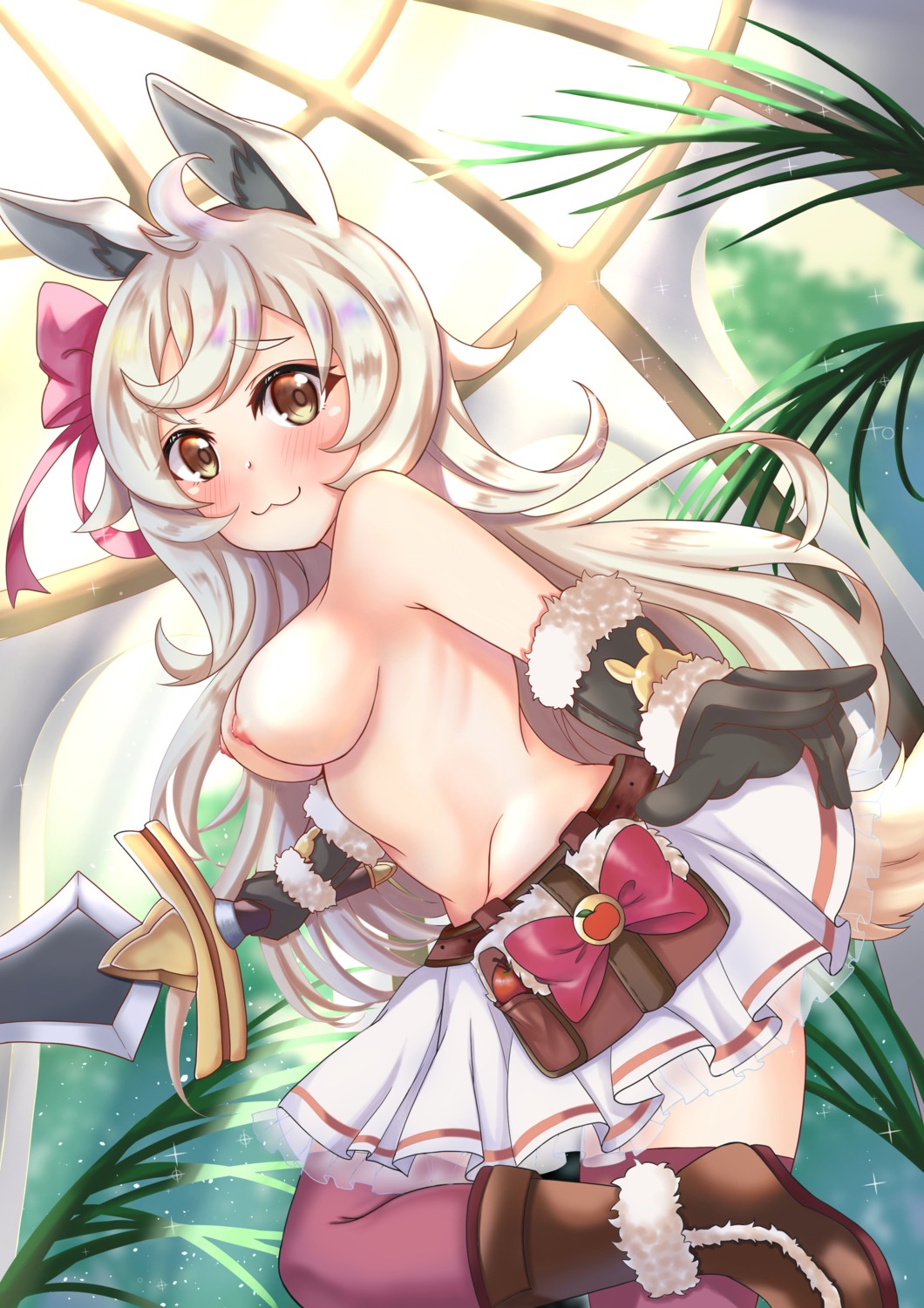 animal_ears nipples princess_connect princess_connect!_re:dive rima_(princess_connect) see_through skirt_lift sword tail thighhighs topless wu_ji_miao