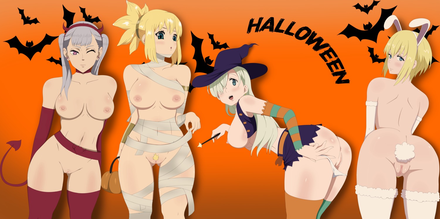 anal animal_ears anus ass bandages black_clover breasts bunny_ears crossover dr._stone elizabeth halloween horns kohaku mandio_art naked naked_ribbon nanatsu_no_taizai nipples no_bra noelle_silva open_shirt pantsu panty_pull pubic_hair pussy tail thighhighs uncensored undressing witch