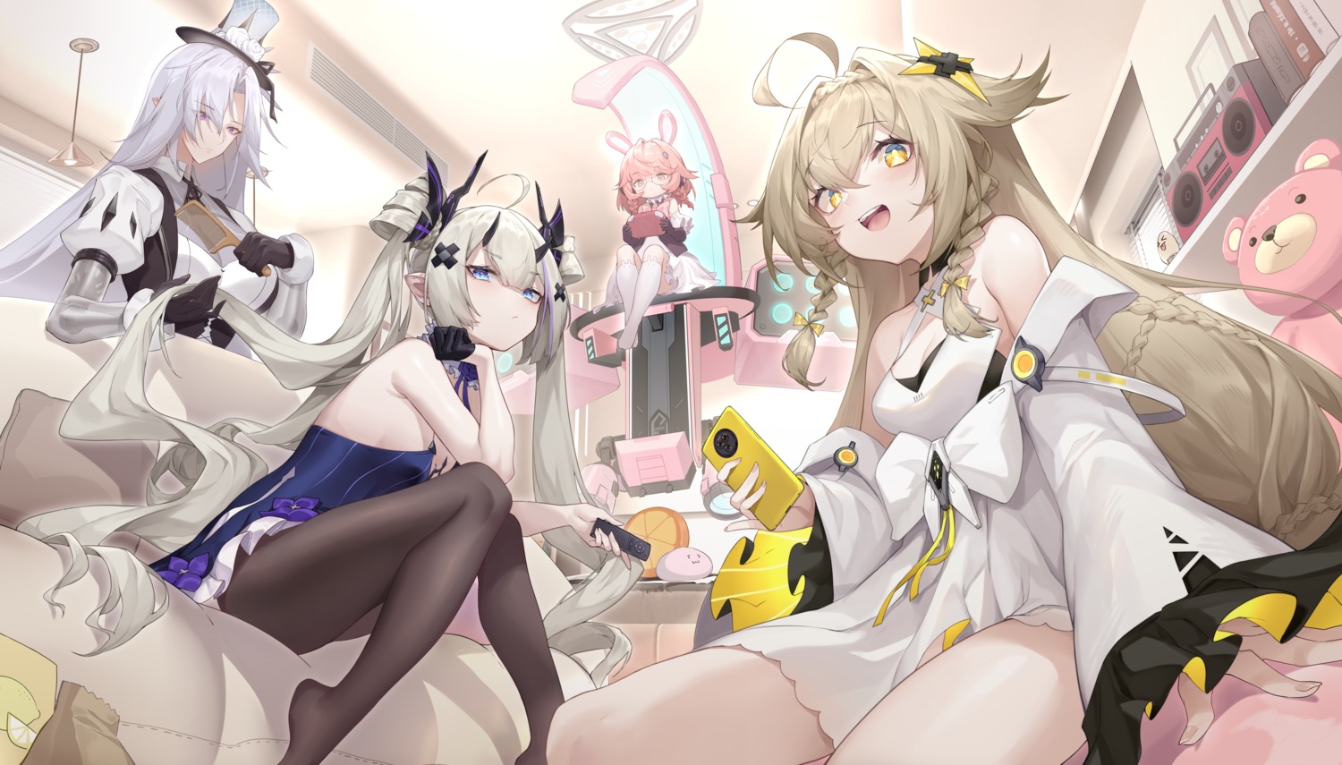 anchor_panic animal_ears bunny_ears dress mecha_musume megane no_bra pantyhose pointy_ears shanyao_jiang_tororo skirt_lift