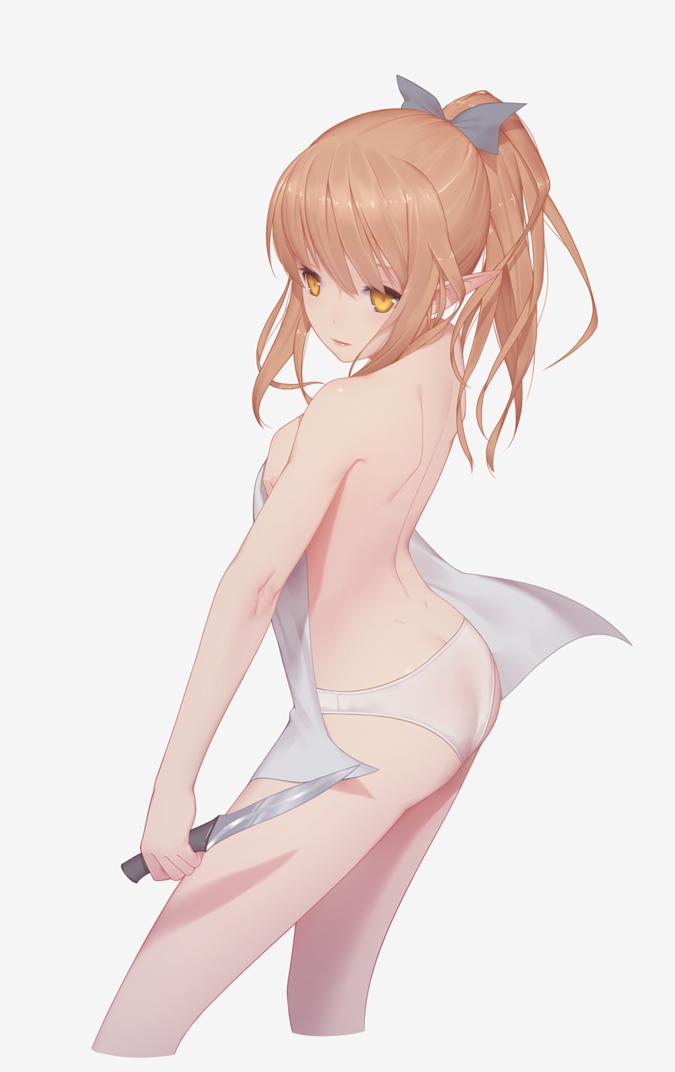 ass breast_hold elf maredoro pantsu pointy_ears topless towel weapon