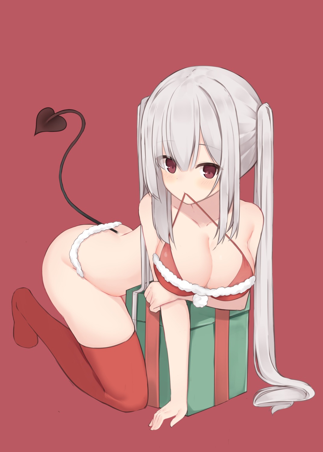 ass bikini_top bottomless breast_hold christmas cleavage memekko swimsuits tail thighhighs