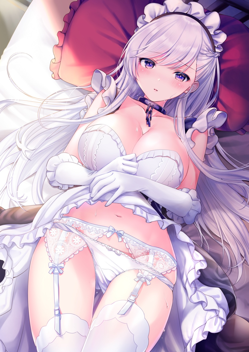 azur_lane belfast_(azur_lane) garter_belt maid no_bra pantsu panty_pull pontaro see_through skirt_lift stockings thighhighs wet