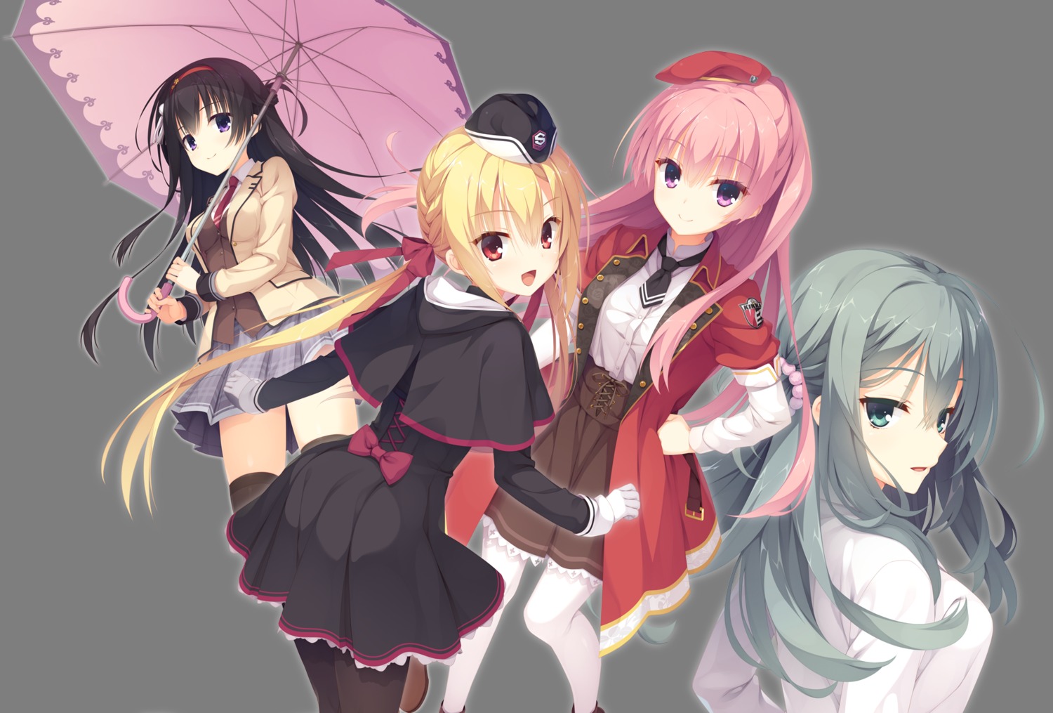 arihara_nanami kobuichi mitsukasa_ayase muririn nijouin_hazuki pantyhose riddle_joker seifuku shikibe_mayu thighhighs transparent_png umbrella uniform yuzu-soft