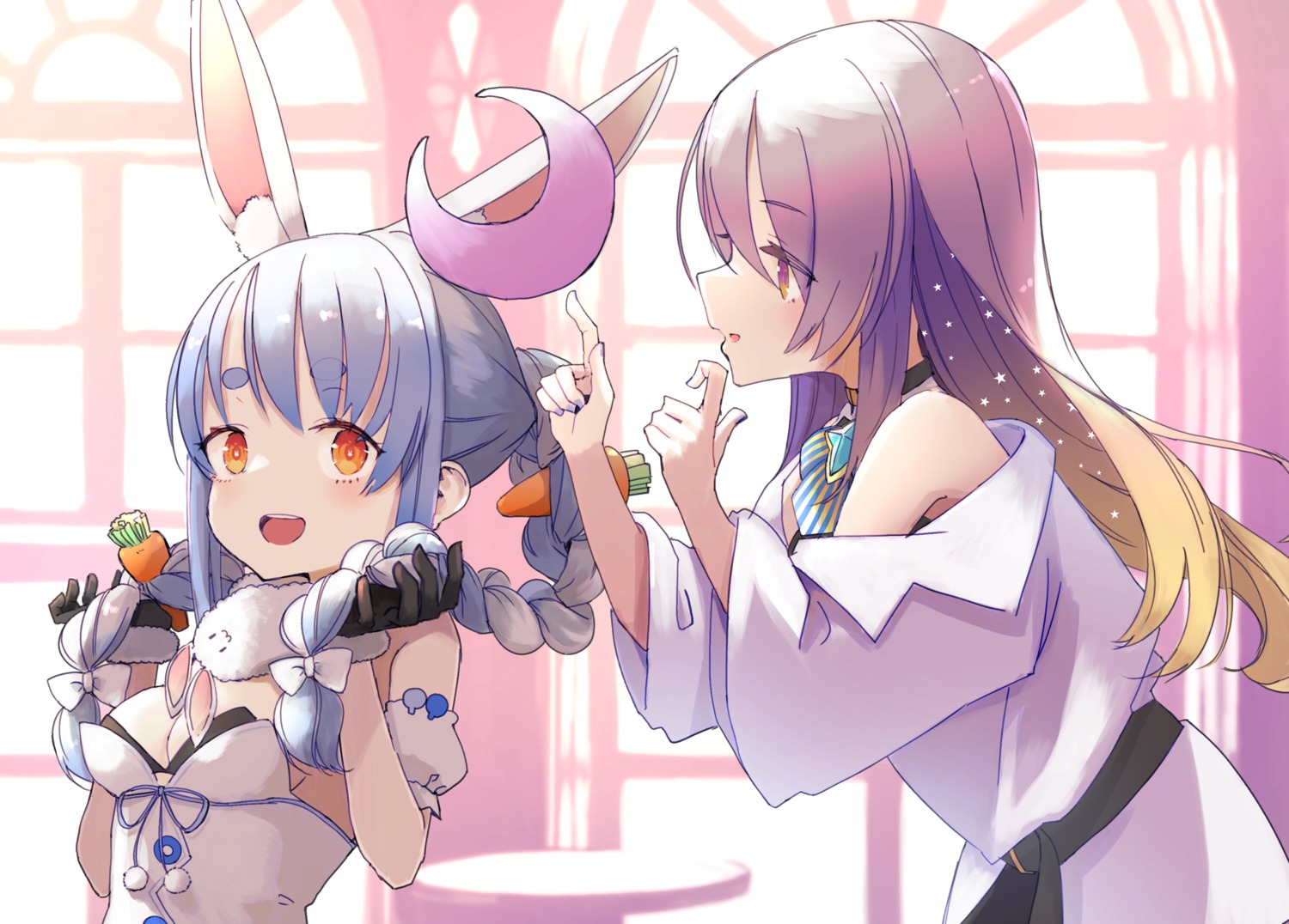 animal_ears bunny_ears cleavage dress hololive hololive_indonesia moona_hoshinova no_bra tokorinowa usada_pekora