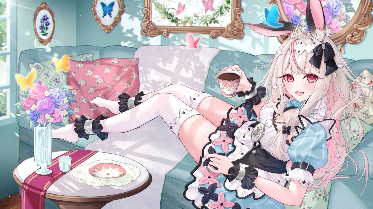 animal_ears bunny_ears cleavage dress jpeg_artifacts minausa thighhighs unohana_nonochi varium