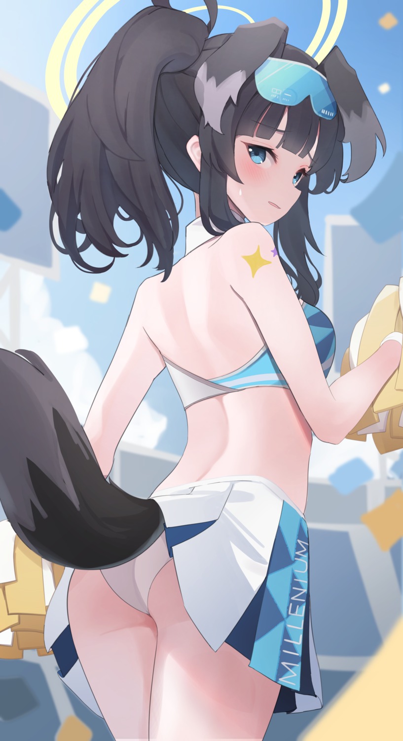 animal_ears ass blue_archive cheerleader halo inumimi kall_(wv0102) nekozuka_hibiki pantsu skirt_lift tail tattoo thong