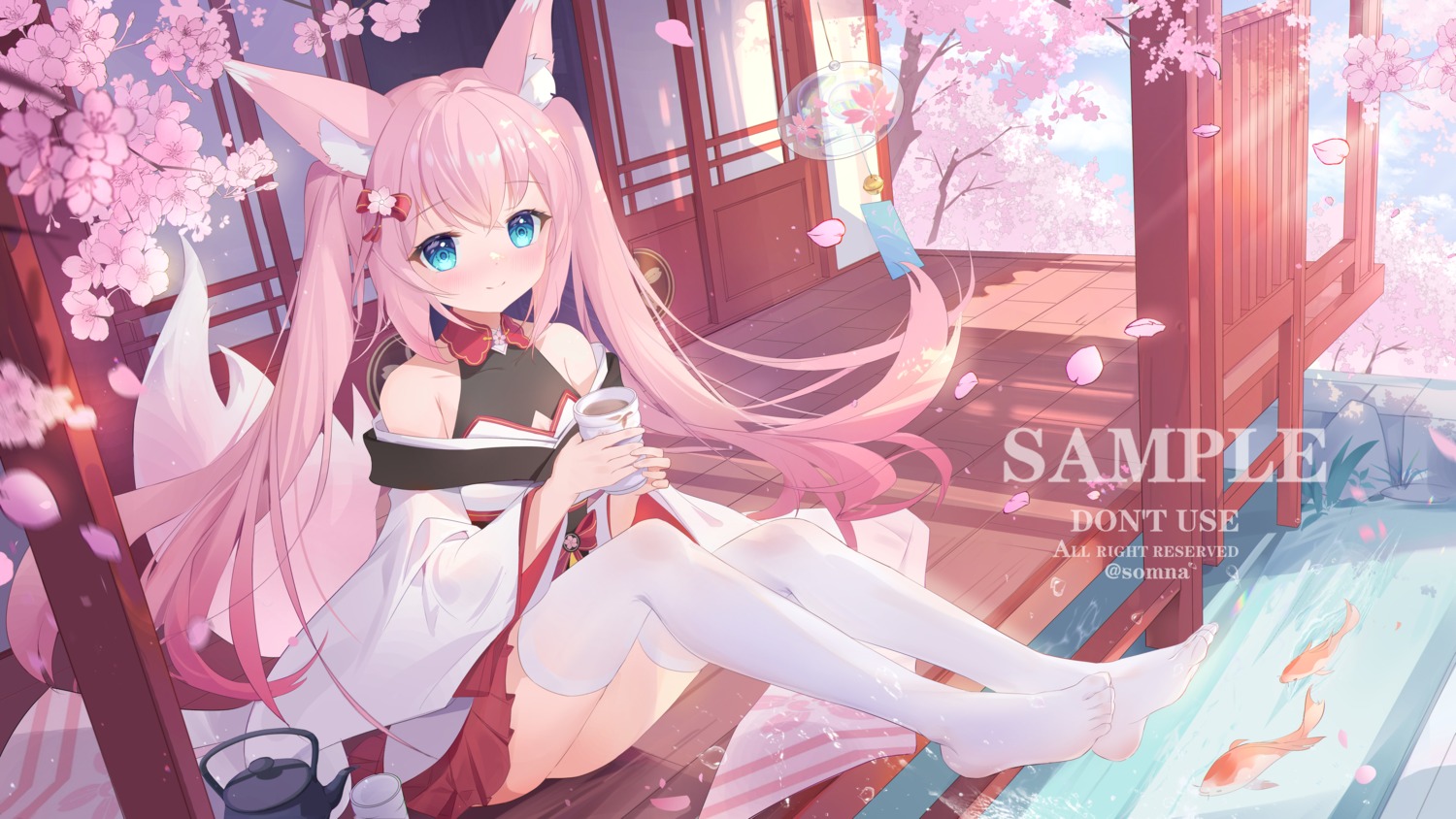 animal_ears feet japanese_clothes kitsune official_watermark skirt_lift somna tail thighhighs