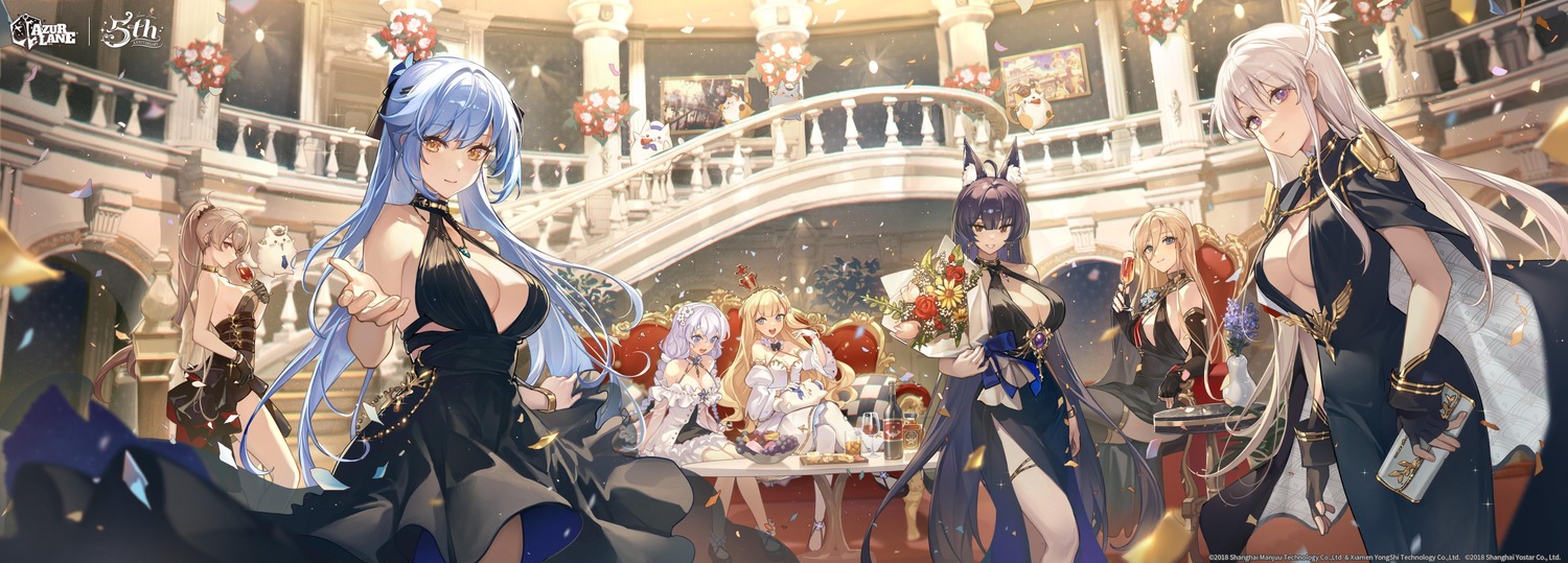 animal_ears azur_lane bismarck_(azur_lane) cleavage dress enterprise_(azur_lane) essex_(azur_lane) garter jean_bart_(azur_lane) kitsune meowfficer_(azur_lane) musashi_(azur_lane) no_bra queen_elizabeth_(azur_lane) skirt_lift ttosom