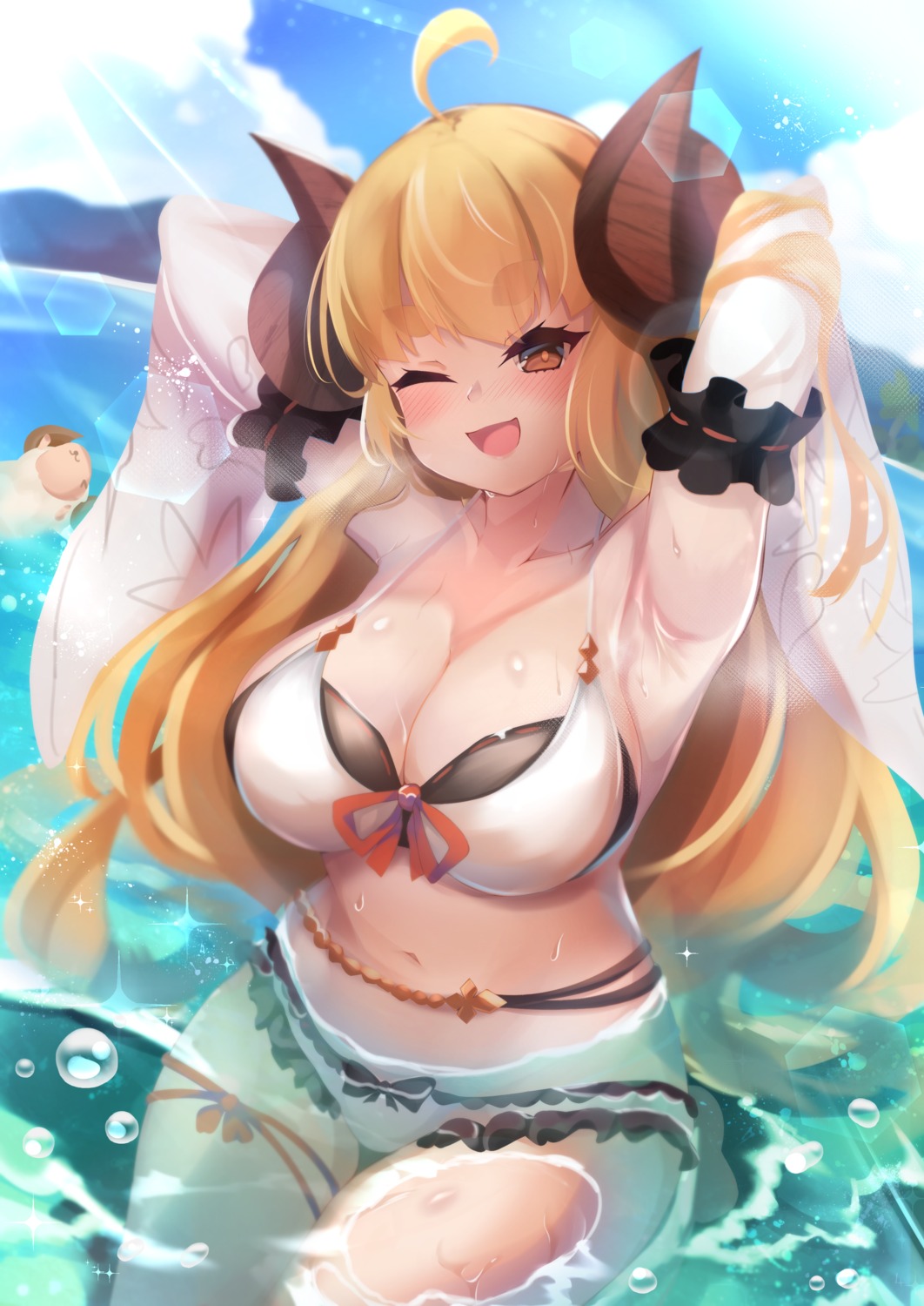 anila_(granblue_fantasy) bikini cleavage garter granblue_fantasy horns moneko1107 swimsuits wet