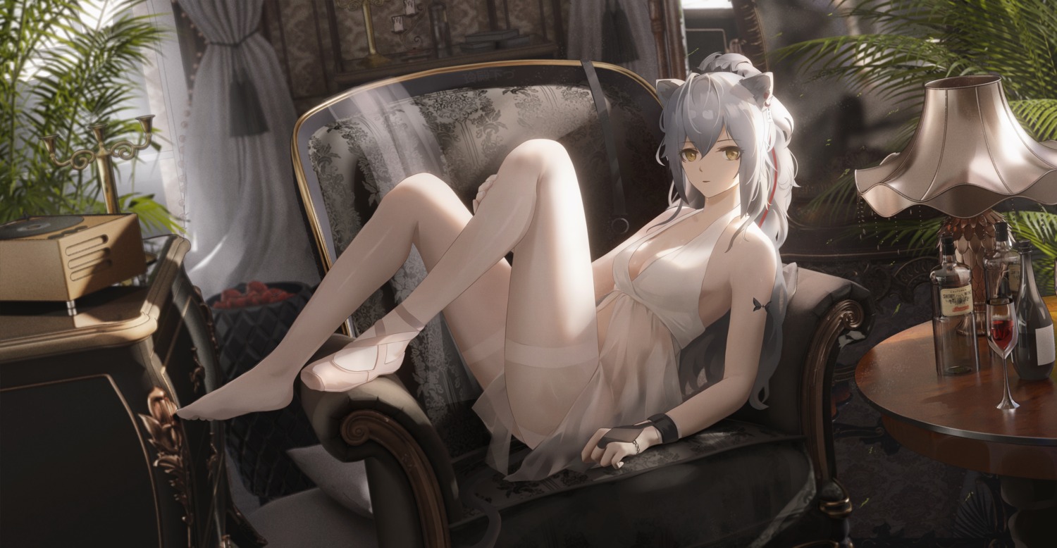 animal_ears arknights dress lingse no_bra schwarz_(arknights) see_through tail tattoo thighhighs