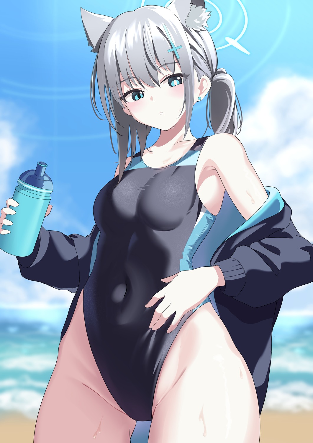 animal_ears beru3 blue_archive halo nekomimi sunaookami_shiroko swimsuits