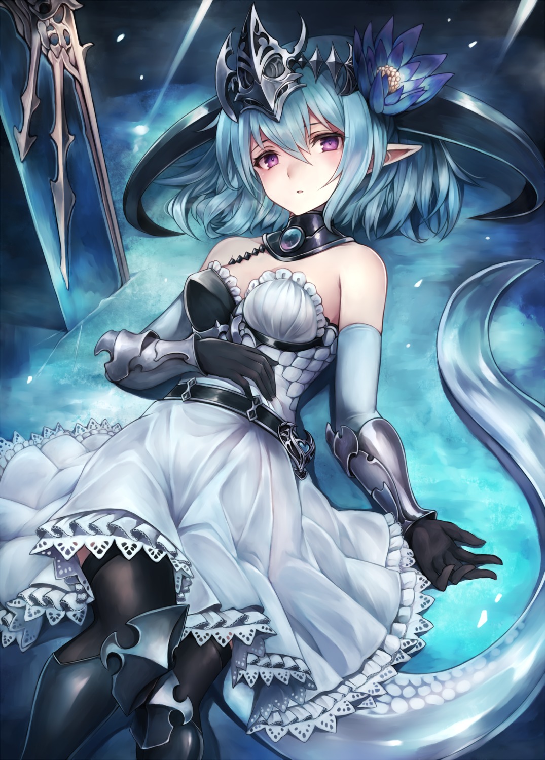 armor dress pointy_ears shadowverse snm_(sunimi) tail thighhighs whitefrost_dragonewt_filene