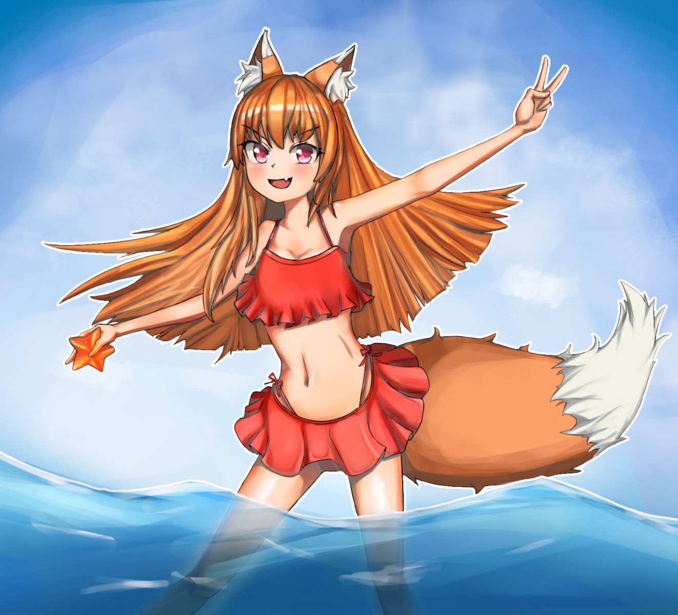 animal_ears bikini cleavage holo skirt_lift spice_and_wolf swimsuits tagme tail wet