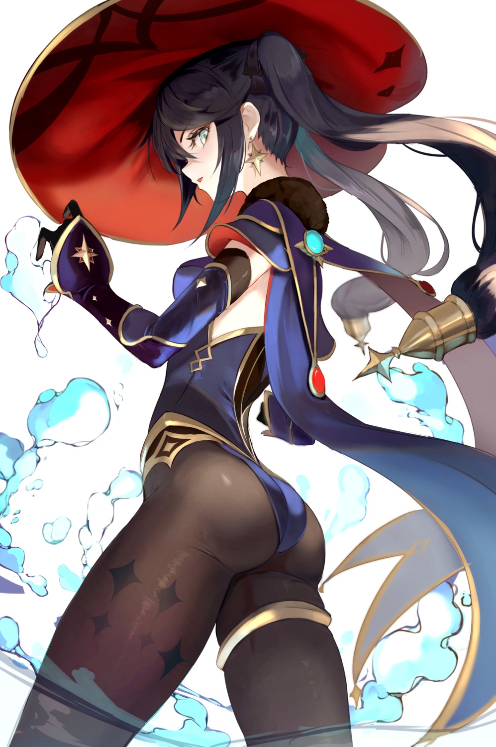 ass garter genshin_impact leotard mona_megistus pantyhose wet witch