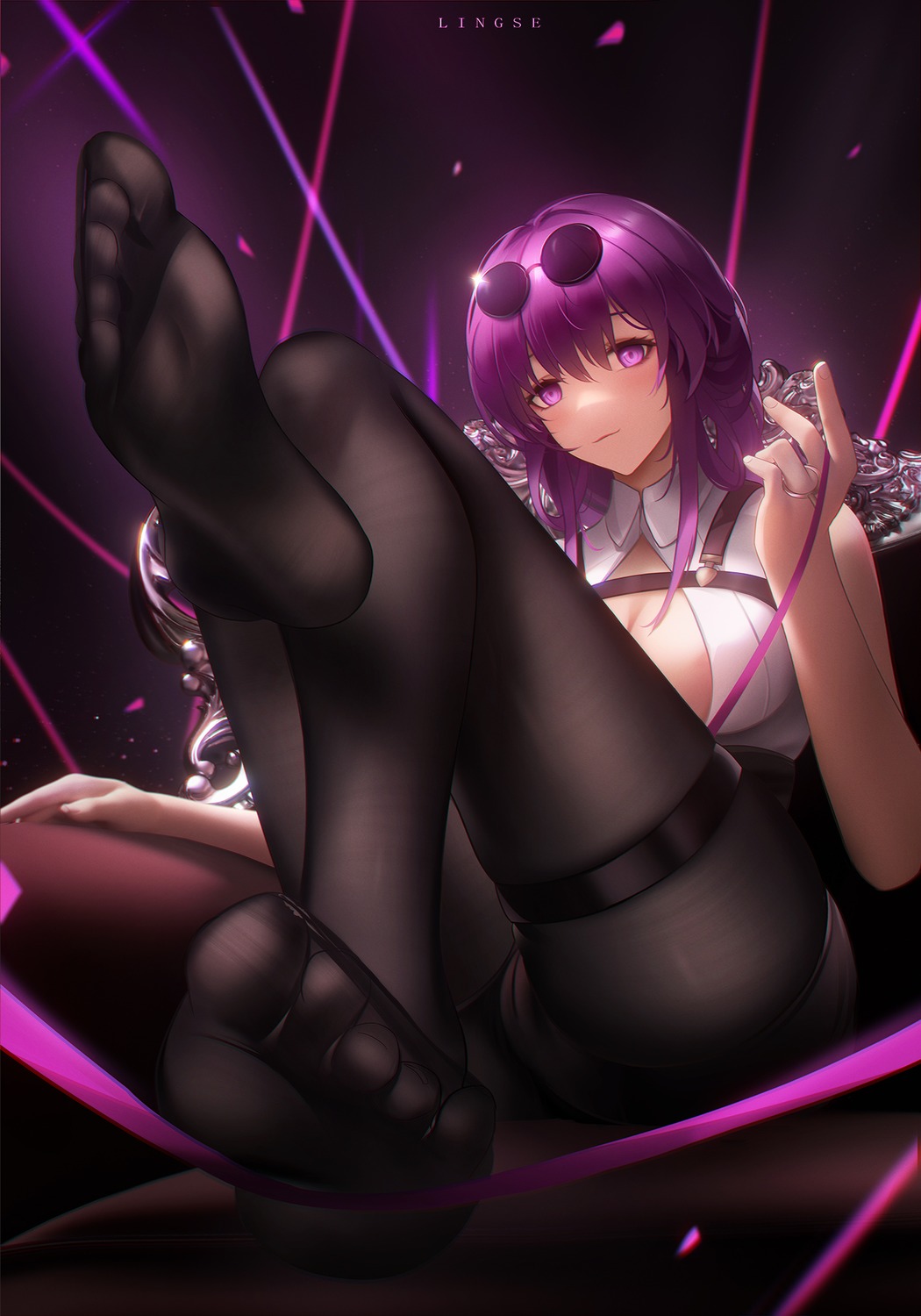 cameltoe feet garter honkai:_star_rail kafka_(honkai:_star_rail) lingse megane no_bra open_shirt pantyhose