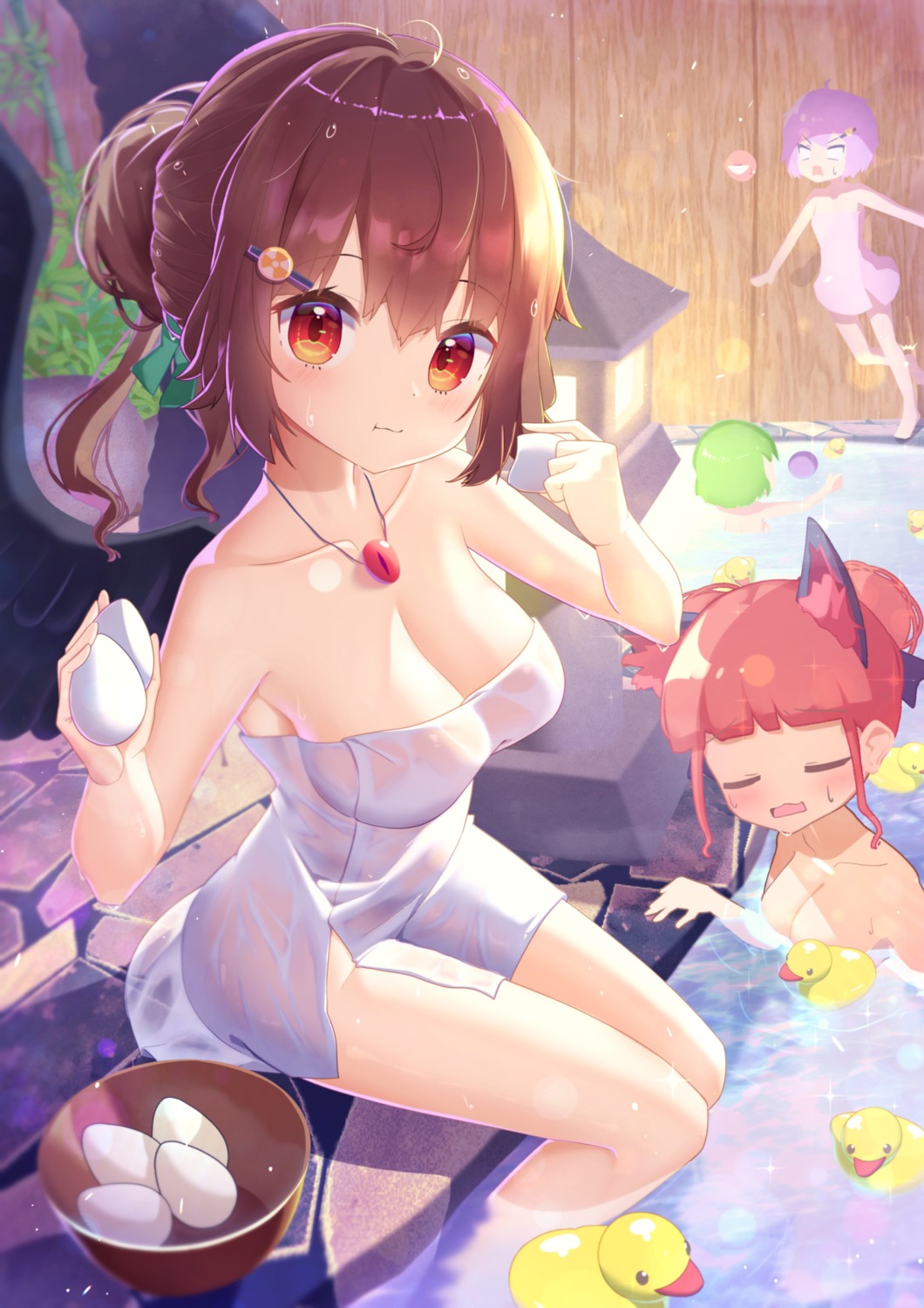 bathing kaenbyou_rin kiramarukou komeiji_koishi komeiji_satori naked onsen reiuji_utsuho touhou towel wet