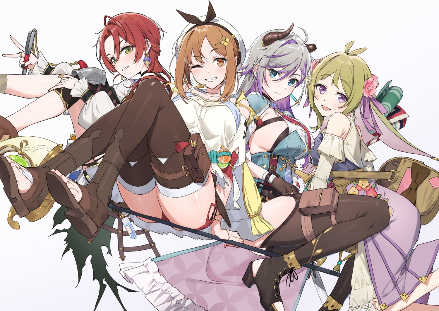 armor atelier atelier_resleriana atelier_ryza bandages bandaid garter hayashi_kewi heels heidi horns no_bra reisalin_stout resna_sternenlicht thighhighs torn_clothes valeria_(atelier) weapon