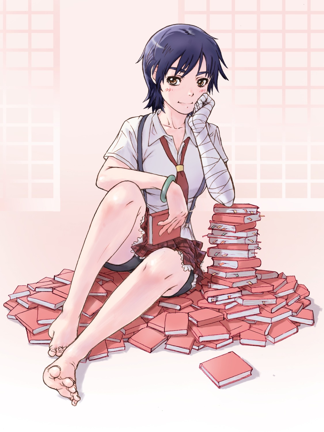 bakemonogatari bandages bike_shorts kanbaru_suruga monogatari_(series) yoshikawa_kazunori