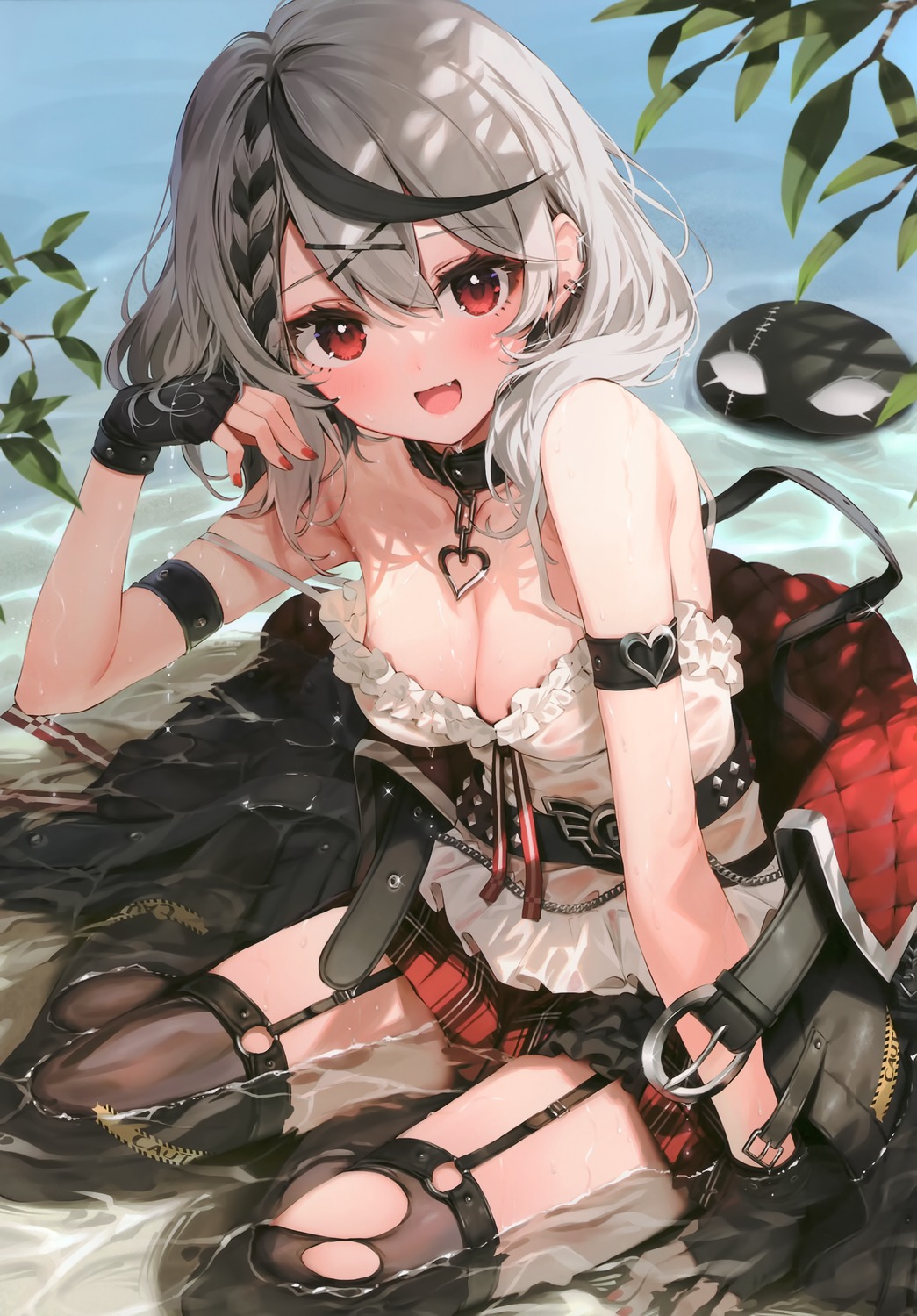hololive no_bra paseri sakamata_chloe stockings thighhighs torn_clothes wet wet_clothes