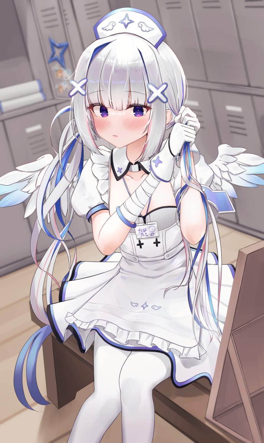 amane_kanata hololive no_bra nurse pantyhose rodailuda wings