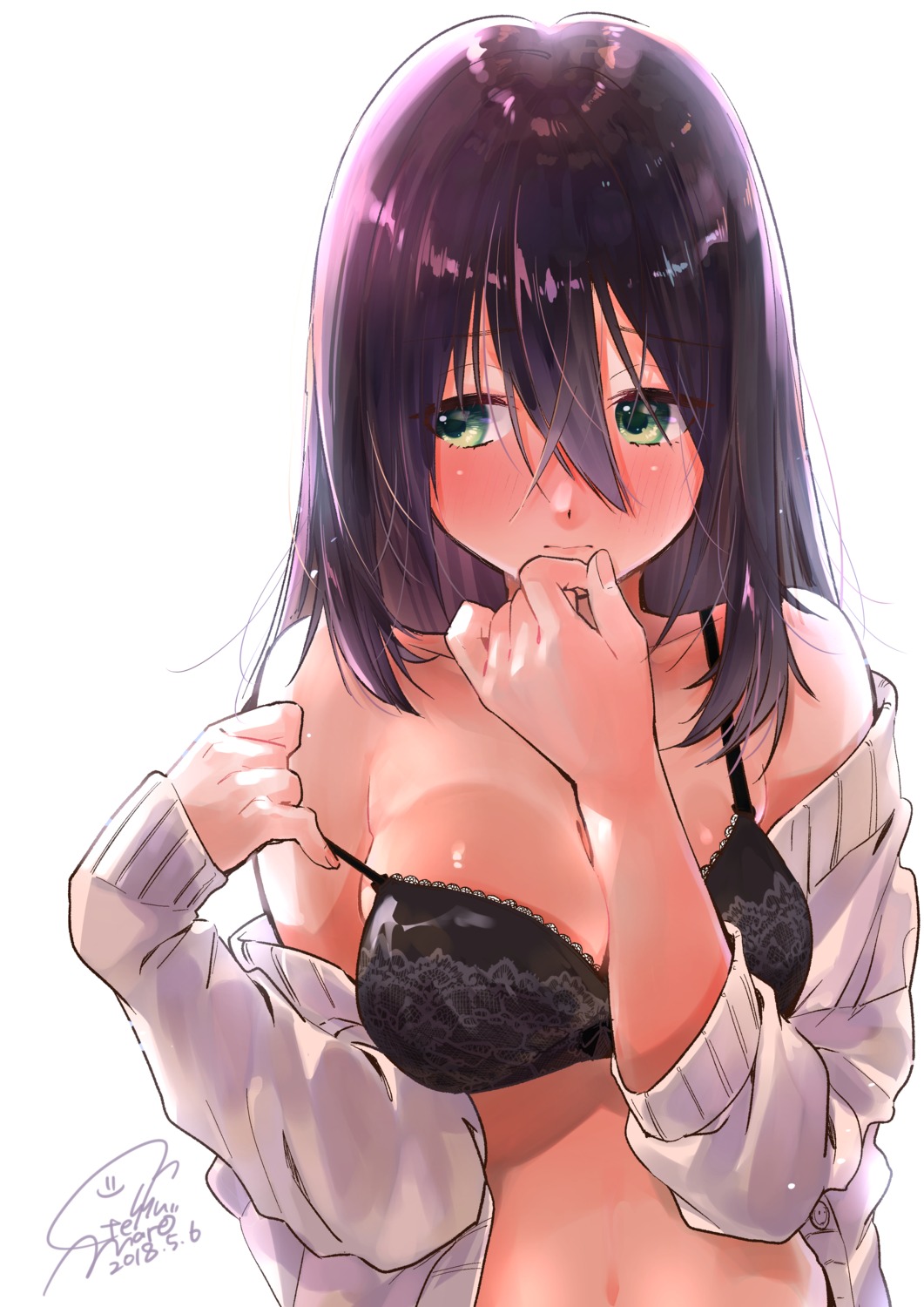 bra breast_hold cleavage geshumaro open_shirt sweater undressing