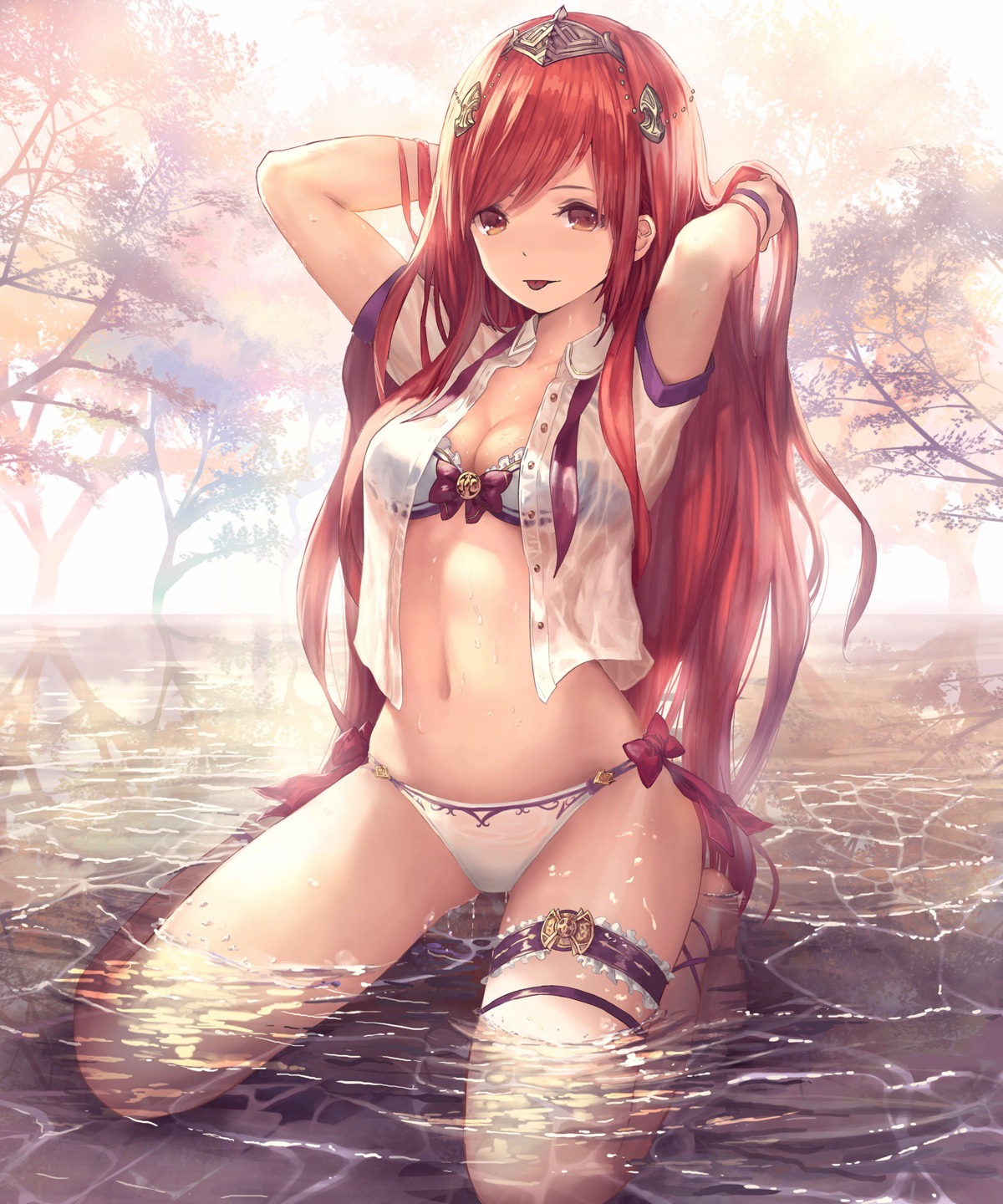 bikini cleavage garter henriette_(shingeki_no_bahamut) open_shirt see_through shingeki_no_bahamut swimsuits tachikawa_mushimaro wet wet_clothes