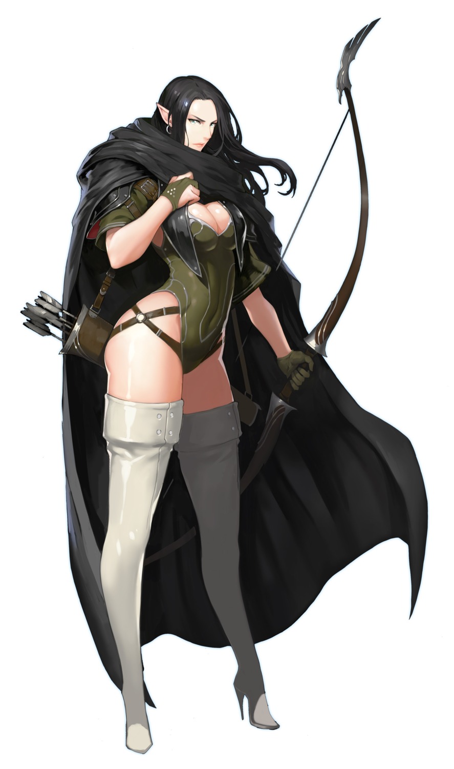 cleavage elf heels hong_soon-jae leotard pointy_ears thighhighs weapon