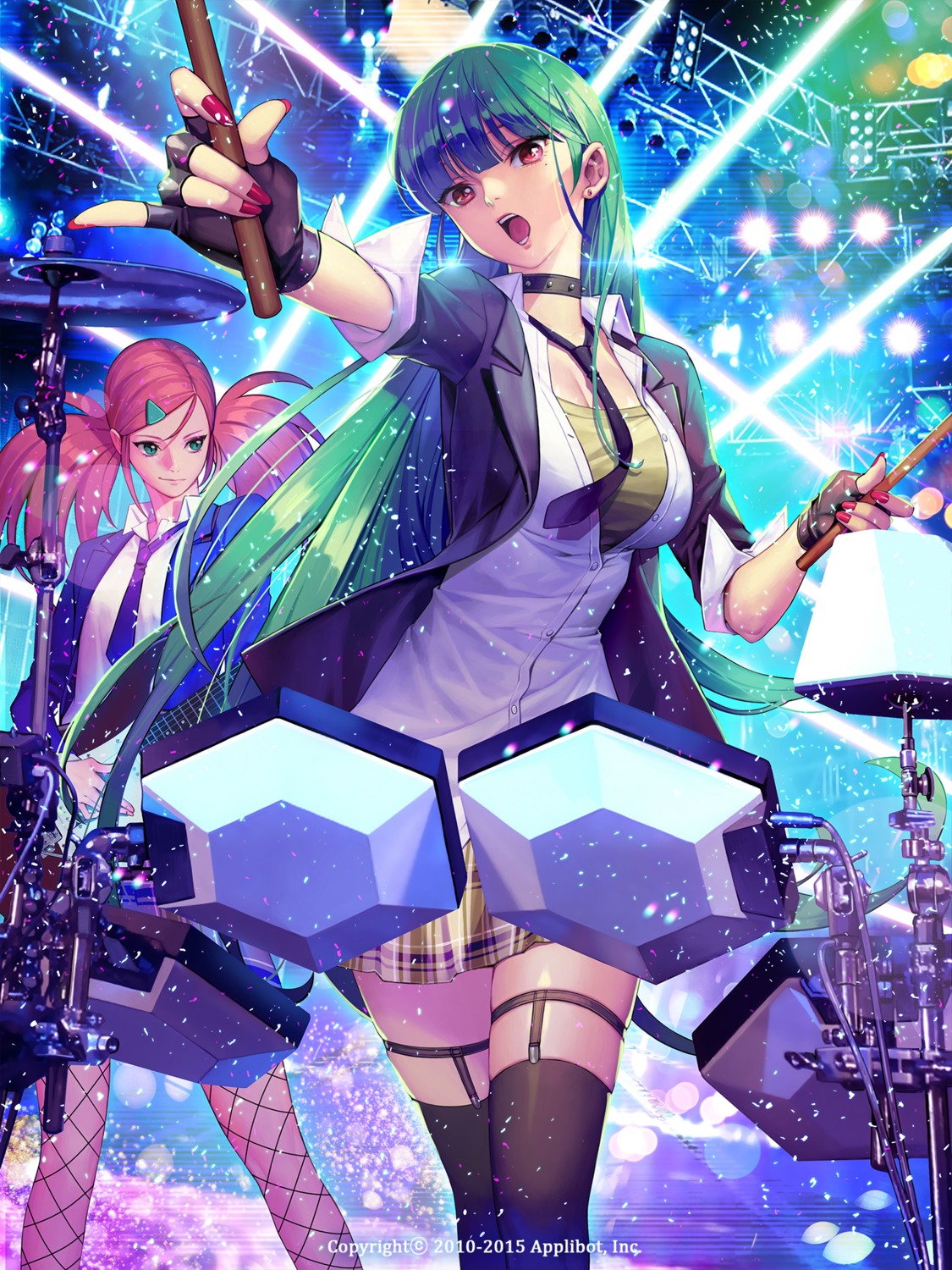 cleavage fishnets gang_road_joker garter guitar seifuku soo_kyung_oh thighhighs