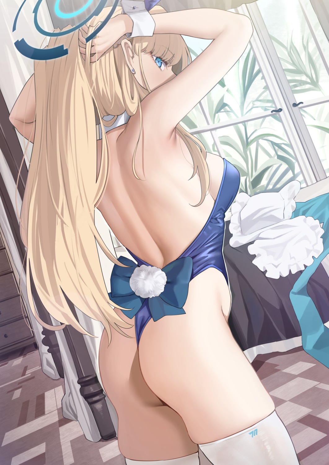 ass asuma_toki blue_archive bunny_girl halo no_bra ramanda tail thighhighs