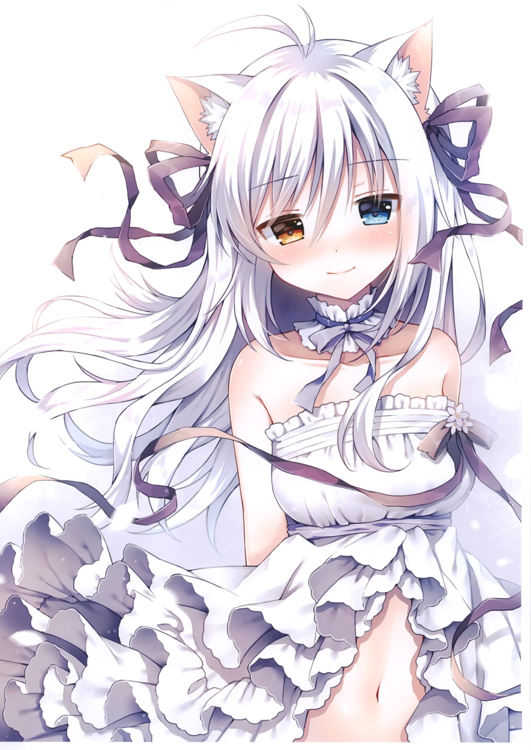 aina_rive animal_ears dress heterochromia mauve nekomimi no_bra skirt_lift wata★punch