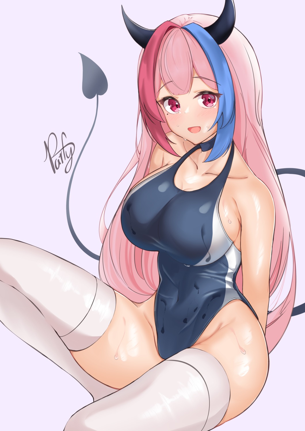 devil horns parfait_desu swimsuits tail thighhighs wet