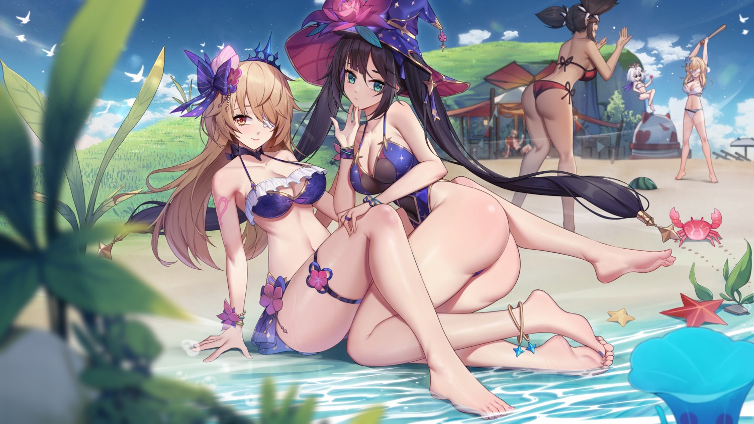 ass bikini cleavage eyepatch fischl garter genshin_impact kaedehara_kazuha lumine mona_megistus paimon swimsuits tattoo thong wet witch xingchee xinyan