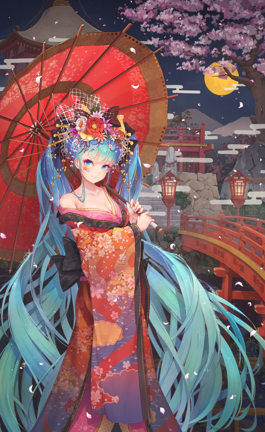 catxuan cleavage hatsune_miku kimono kyoto_nippon_festival open_shirt umbrella vocaloid