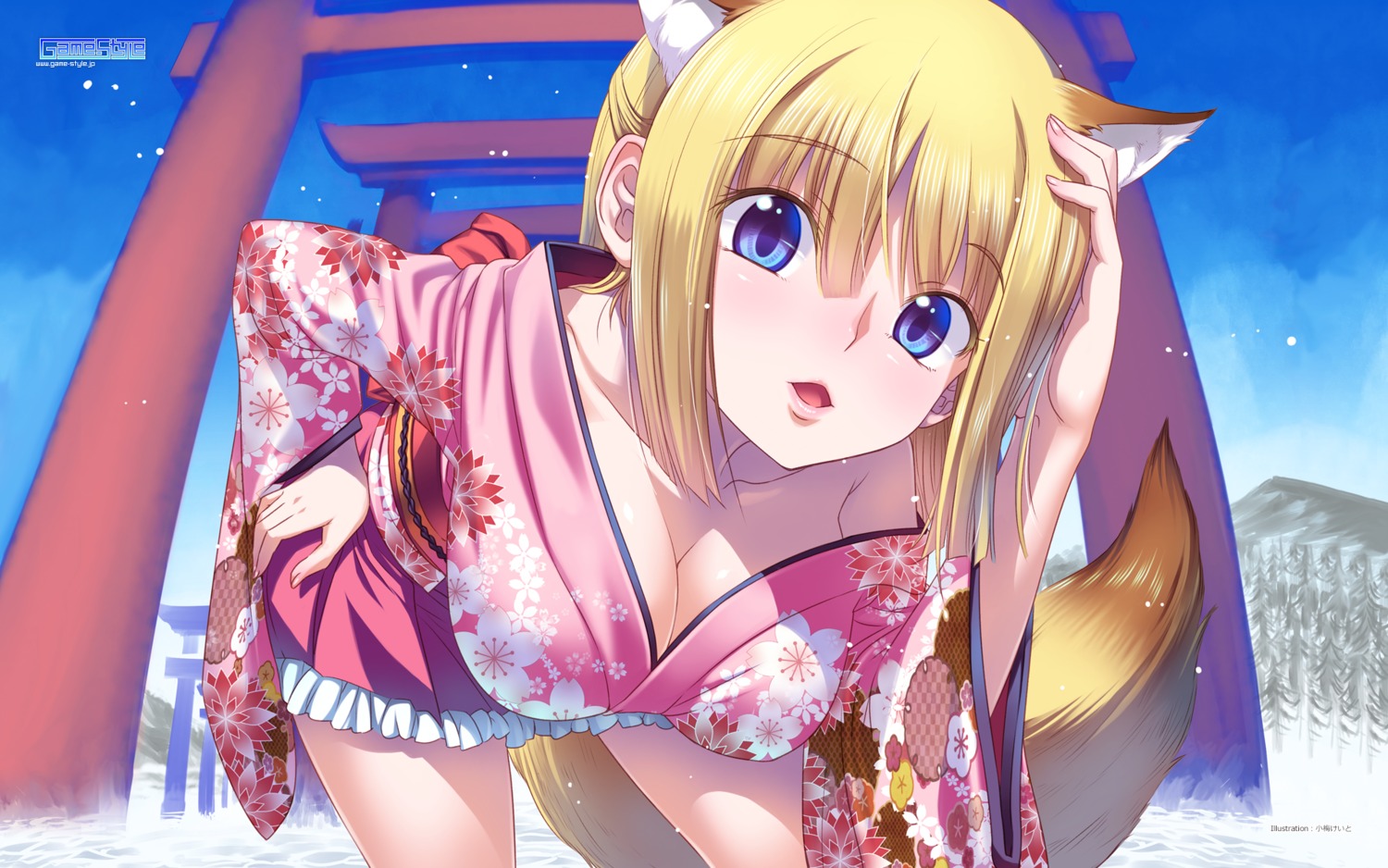 animal_ears cleavage game-style kitsune koume_keito open_shirt tail wallpaper yukata