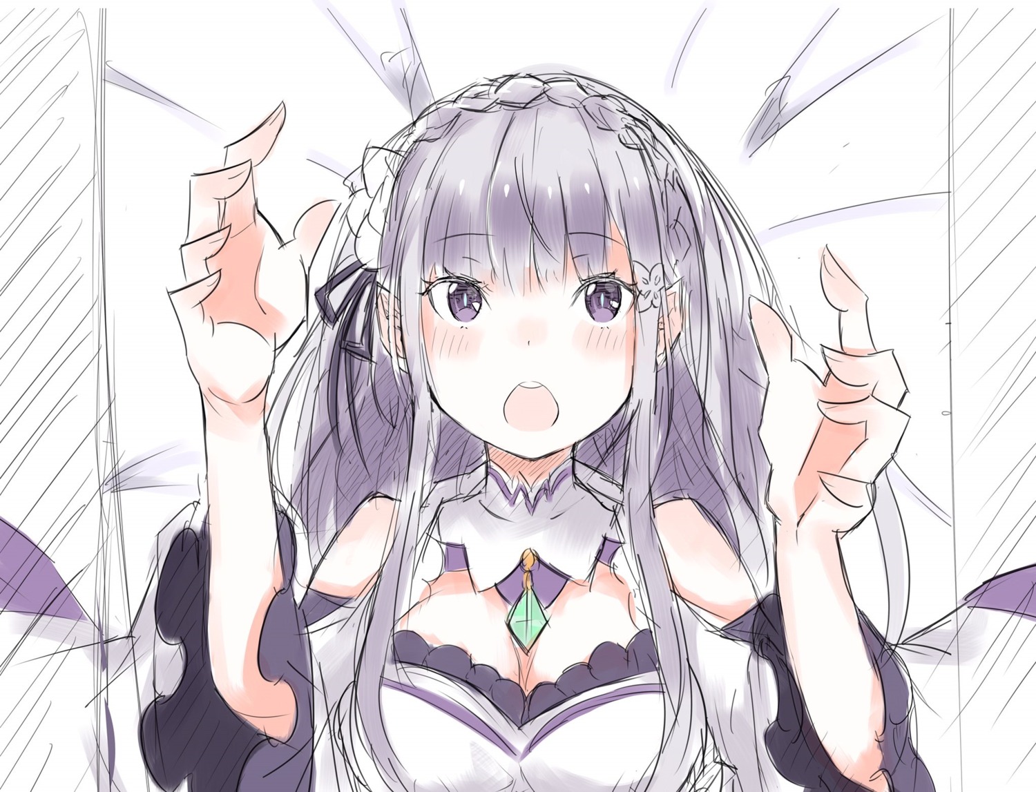 cleavage elf emilia_(re_zero) pointy_ears re_zero_kara_hajimeru_isekai_seikatsu