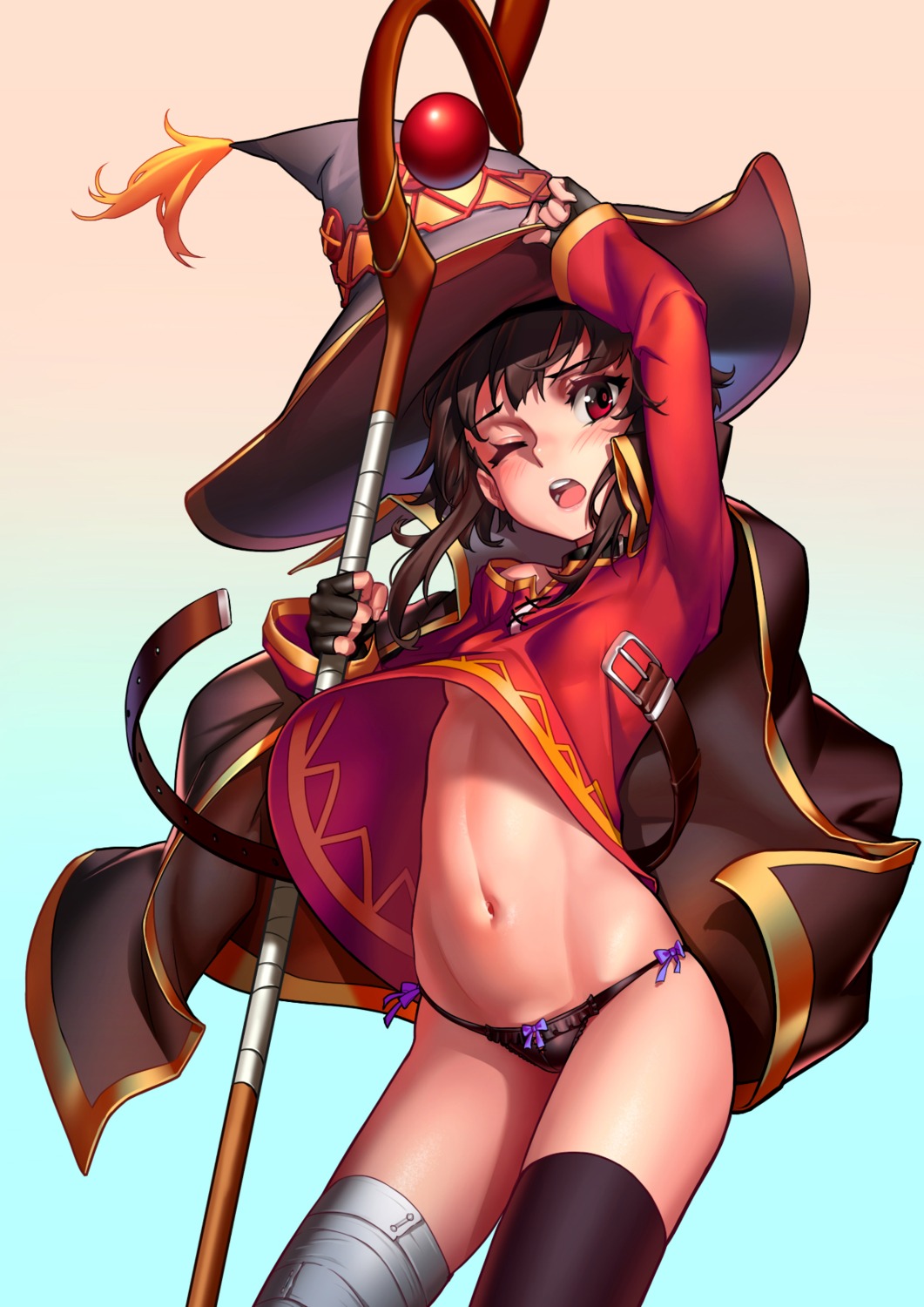 bandages dress g_scream kono_subarashii_sekai_ni_shukufuku_wo! megumin no_bra pantsu skirt_lift thighhighs underboob weapon witch