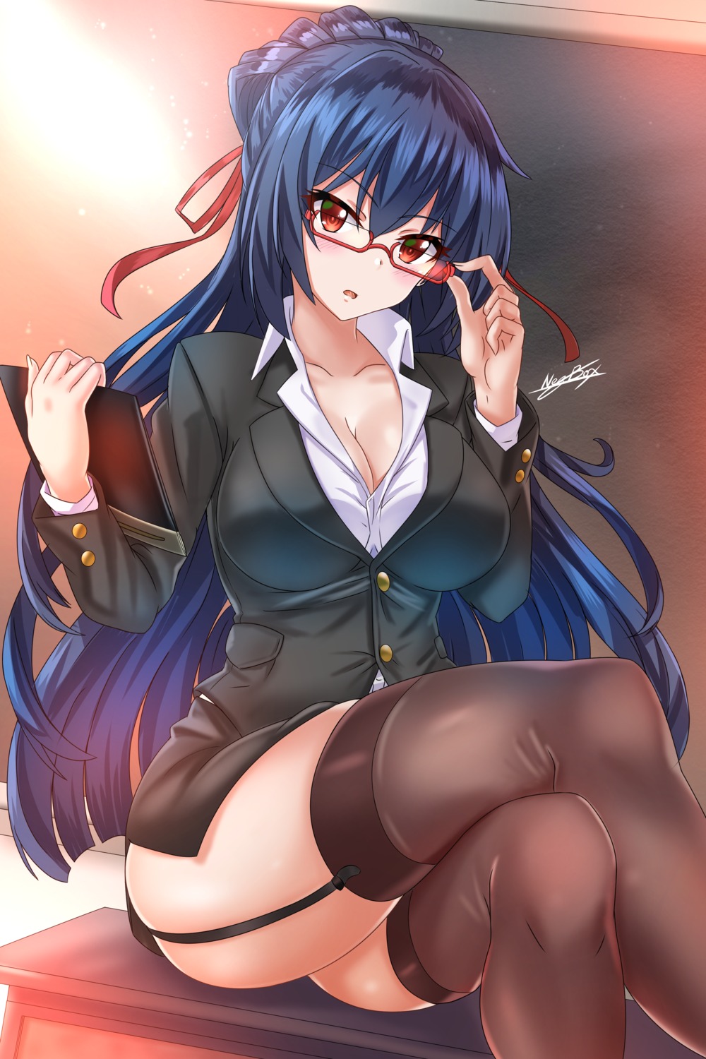 business_suit cleavage megane nez-kun stockings thighhighs