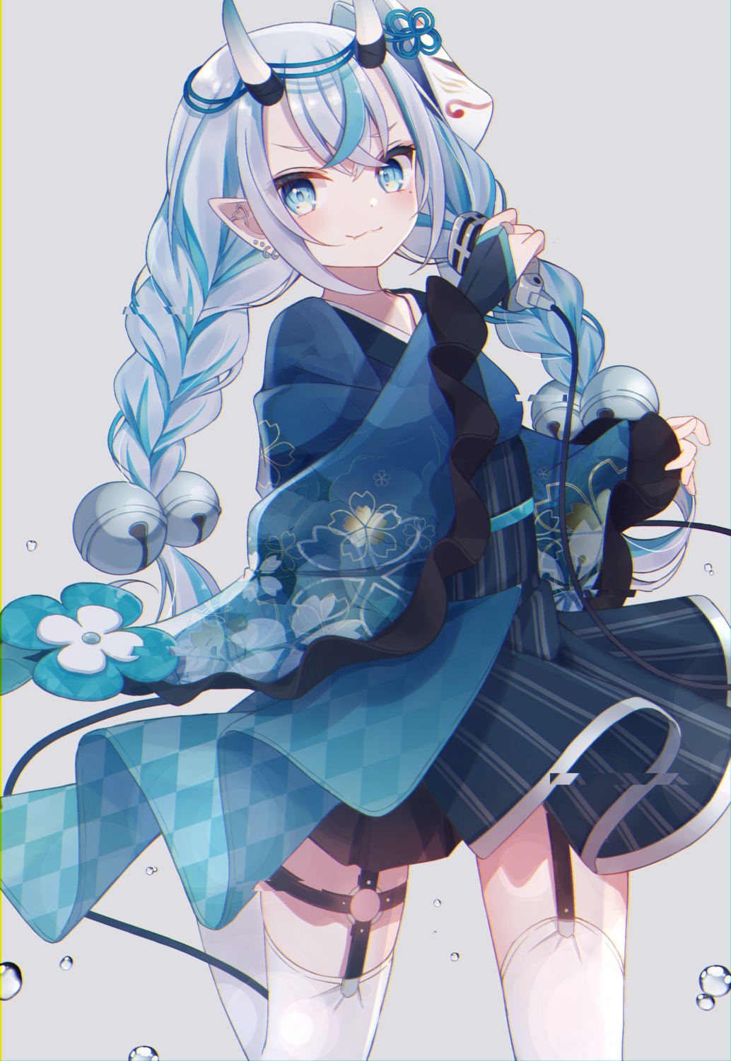 garter horns japanese_clothes pointy_ears sapphire_(sapphire25252) skirt_lift stockings thighhighs