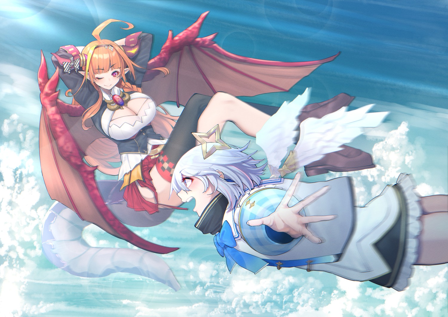 amane_kanata angel cleavage hololive horns kiryuu_coco mikan_(chipstar182) wings