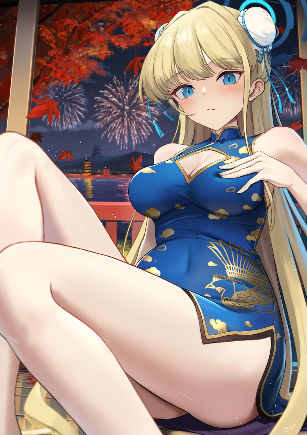 asuma_toki blue_archive chinadress cleavage halo may9 skirt_lift