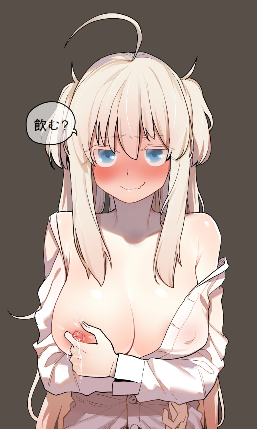 breast_grab breast_hold breasts dadamu_(iru) dress_shirt lactation nipples no_bra open_shirt see_through