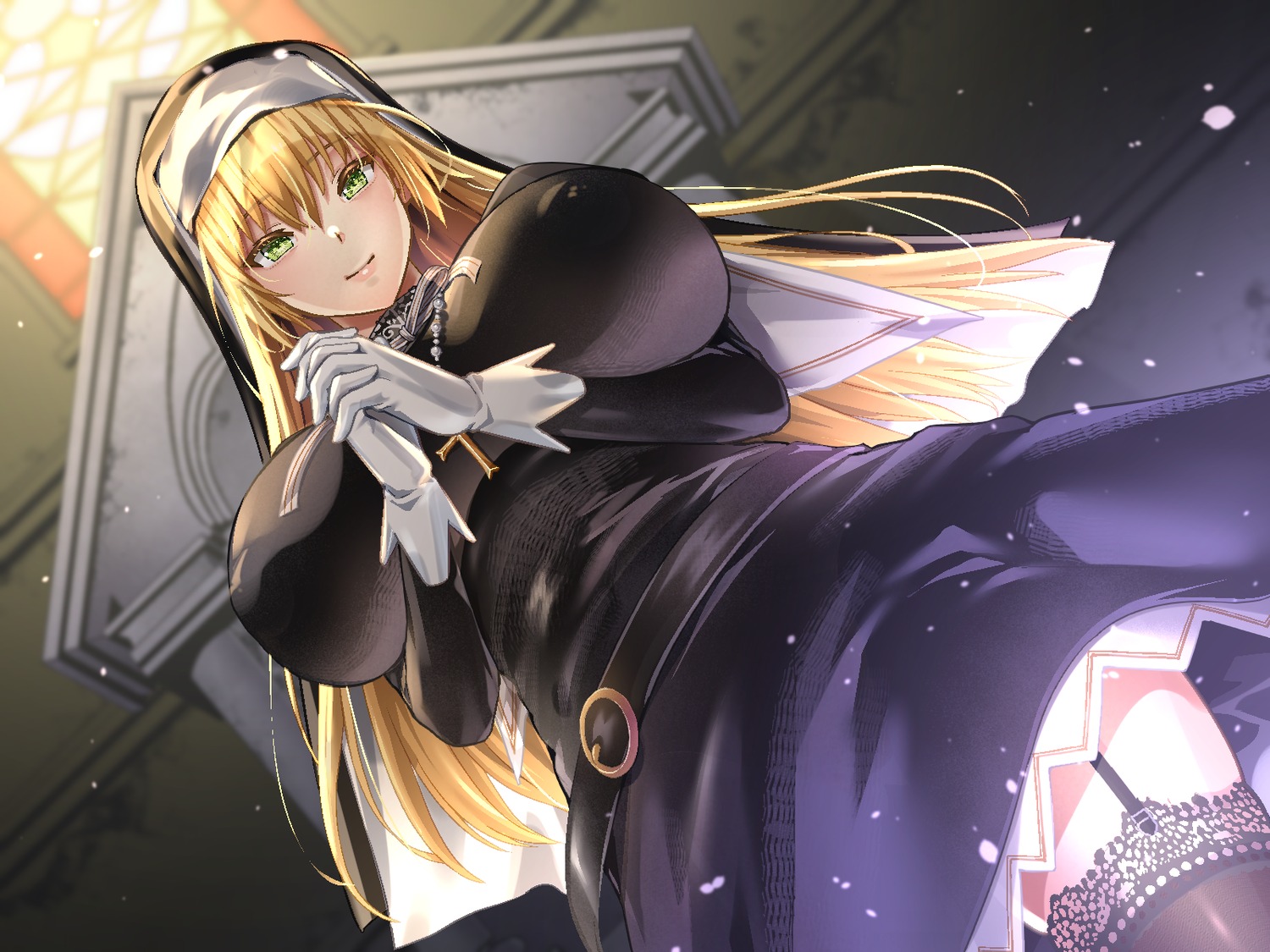 erect_nipples fukami_naoyuki no_bra nun stockings thighhighs wallpaper