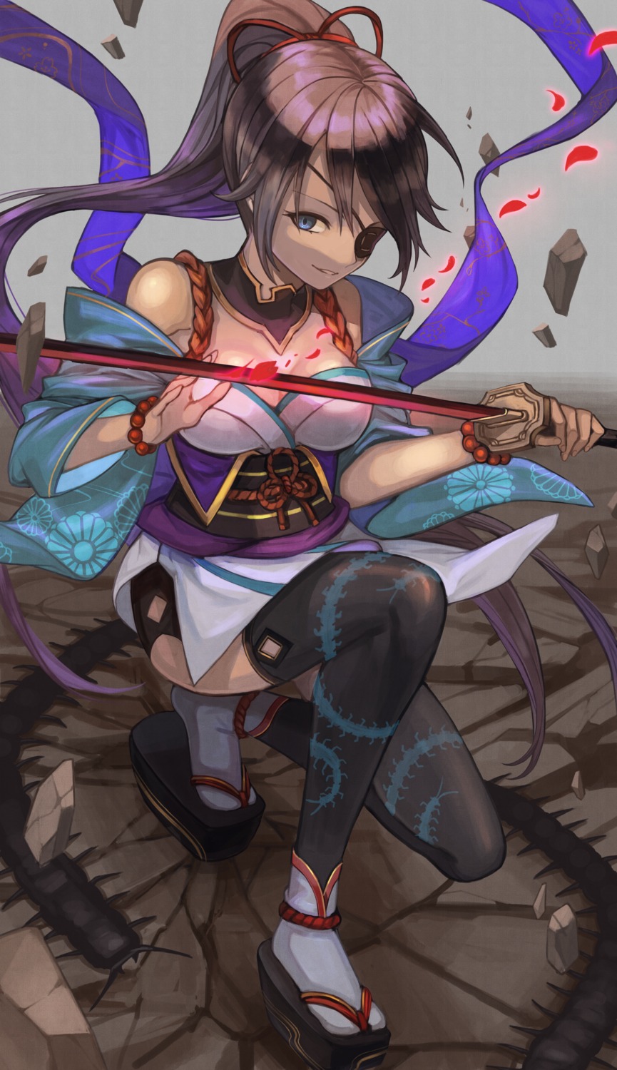 amahara_subaru cleavage eyepatch japanese_clothes sword thighhighs