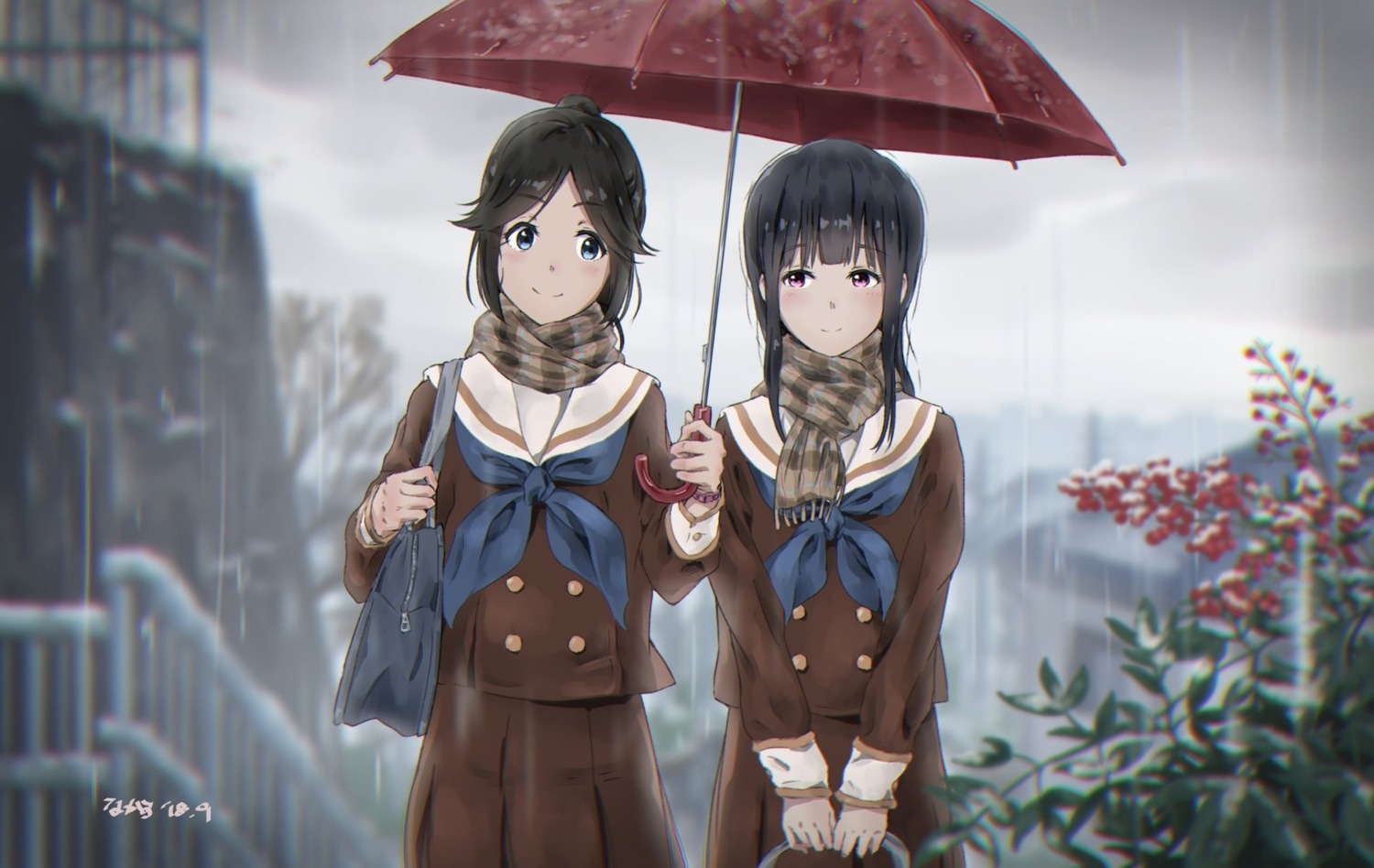 hibike!_euphonium kasaki_nozomi liz_to_aoi_tori seifuku tree_bowbow umbrella yoroizuka_mizore