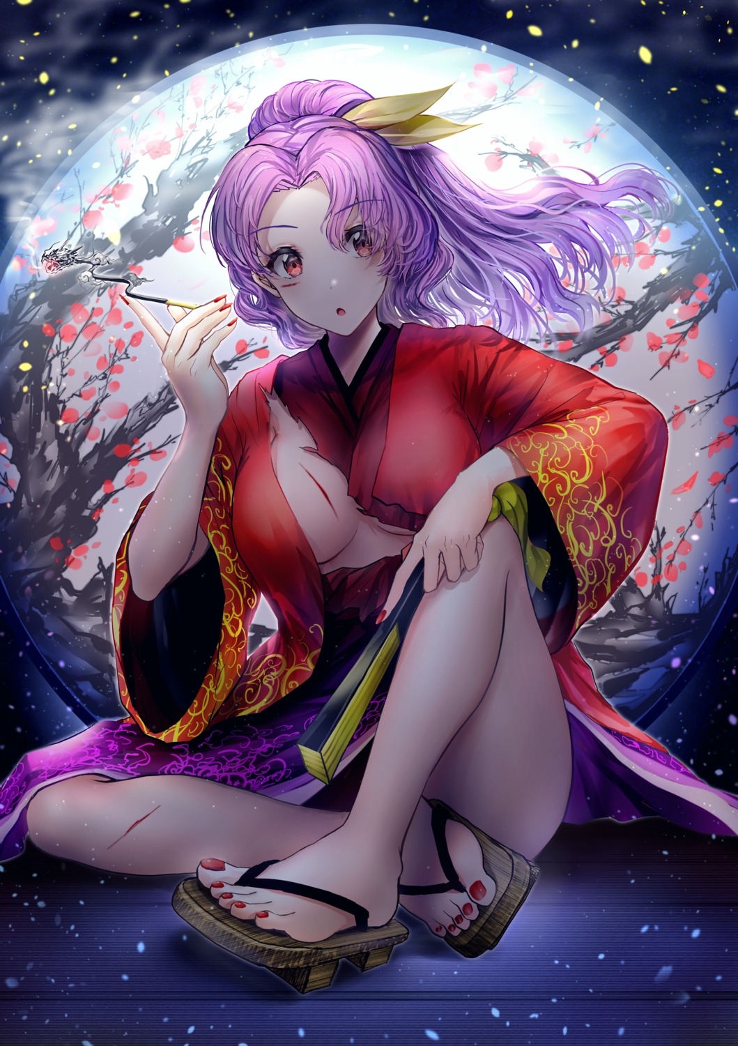 blood japanese_clothes komakusa_sannyo no_bra skirt_lift smoking tabiji_(tabiji_s) torn_clothes touhou