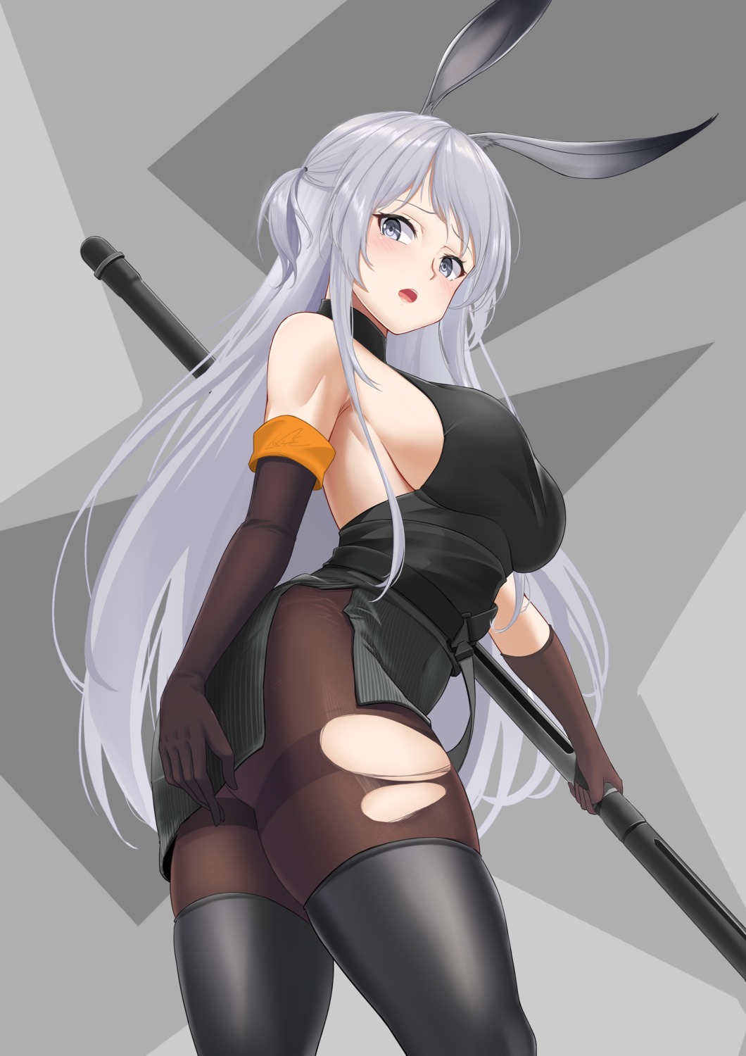 animal_ears arknights bunny_ears lazgear no_bra pantyhose savage_(arknights) thighhighs torn_clothes weapon