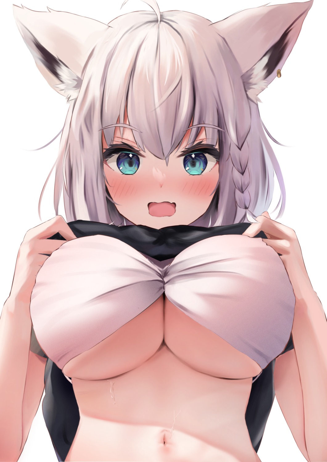 animal_ears bikini_top hololive hololive_gamers kitsune shirakami_fubuki shirt_lift swimsuits uechin_ewokaku underboob undressing